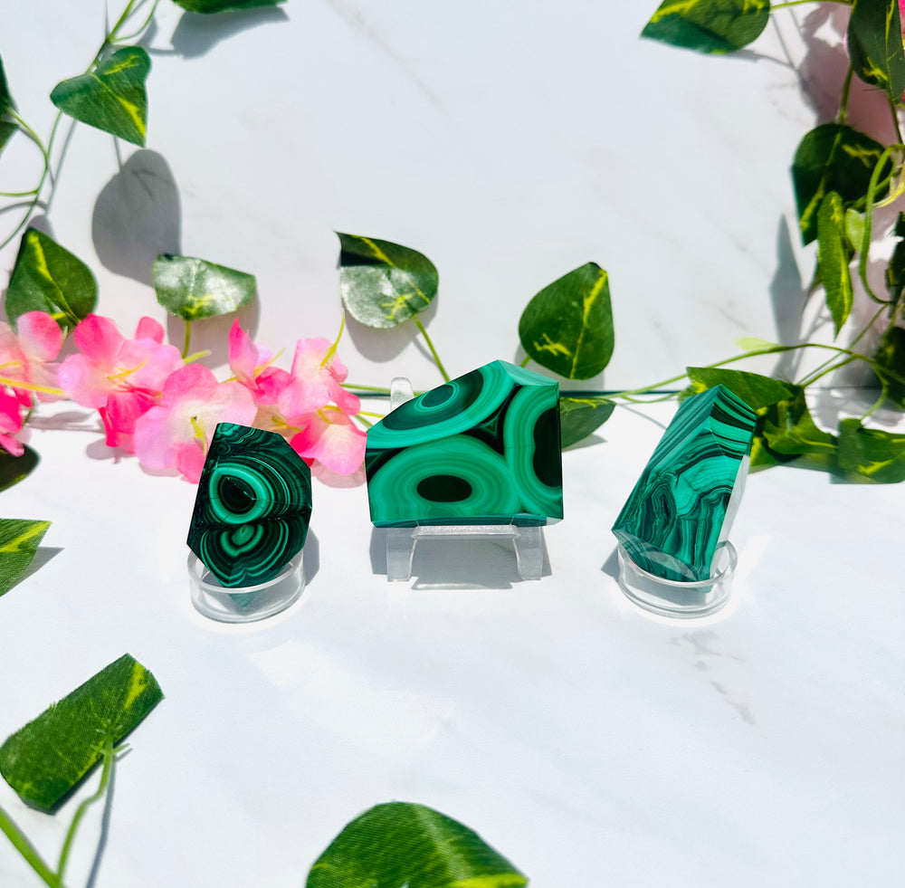 green and black banded malachite free forms sit on white marble surrounded by greenery and flowers